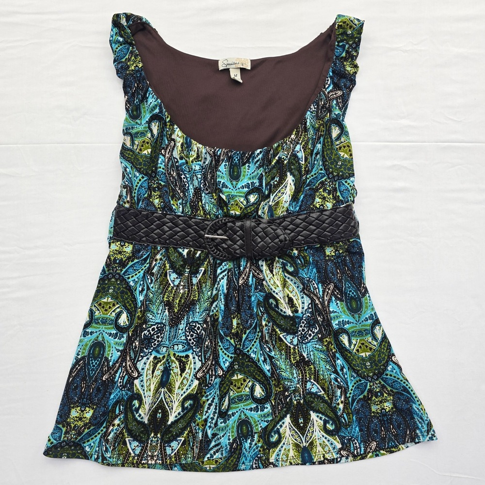 Y2K Womens Blue Green Paisley Empire Waist Belted Sleeveless Top Medium Boho